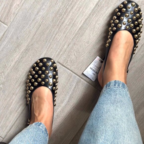 ZARA Black Leather Gold Studded Closed Toe Slingback Flats sz 39 (8.5) - Picture 1 of 11